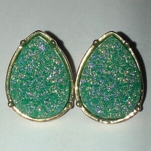 Green Iridescent Glitter Gold Tone Teardrop Earrings